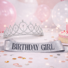 윰스 생일파티 공주 왕관 티아라 + 어깨띠 스트랩 세트, 실버, 1세트