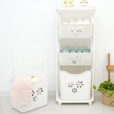 엠비코 모던 트롤리 스윙 플라워 트임형 3단 빨래바구니, 화이트