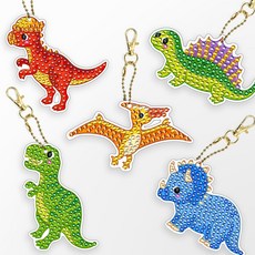 DCLARE 方塊水鑽鑽石畫雙面鑰匙圈鑰匙扣製作5件DIY套組, 恐龍, 1套