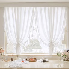 Mimesole 浪漫垂墜綁帶穿桿式窗簾 2入, 白色