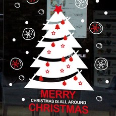 Mungkiwoldeu 聖誕節窗戶玻璃貼紙 雪花貼紙 裝飾貼 S4 027 寧靜聖誕樹, 1個, 白色 + 紅色