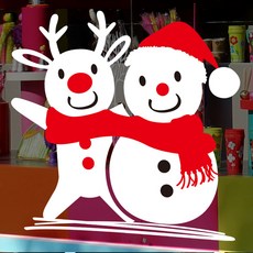 뭉키데코 크리스마스 창문 윈도우 스티커 눈꽃스티커 시트지 S4 035 루돌프와 눈사람 친구, 화이트 + 레드, 1개