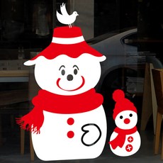 Mungkiwoldeu 聖誕節窗戶貼紙 雪花貼紙 窗貼 S4 039 戴帽子的可愛雪人, 白色 + 紅色 + 綠色, 1個