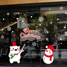 Mungkiwoldeu 聖誕節窗戶貼紙 雪花貼紙 裝飾貼 S4 072 紳士熊與雪人, 白色 + 紅色 + 綠色, 1個