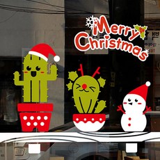 Mungkiwoldeu 聖誕節窗戶貼紙 雪花貼紙 S4 081 層架上的仙人掌朋友們, 白色 + 紅色 + 橄欖綠, 1個