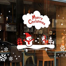 뭉키데코 크리스마스 창문 윈도우 스티커 눈꽃스티커 시트지 S4 096 선반위의 눈싸움, 화이트 + 레드, 1개