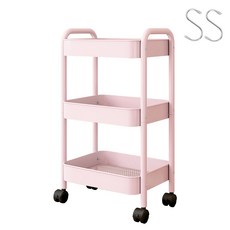 MDYooMarket 優質移動式鐵製3層推車 + 不鏽鋼S型掛勾2入組, 粉紅色, 3層
