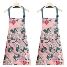 Hesei 防水連身裙式廚房可調節肩帶圍裙, 花卉粉紅, 2個