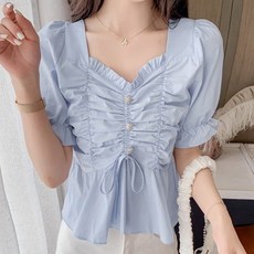 MarketA 女款泡泡袖蝴蝶結抓皺襯衫