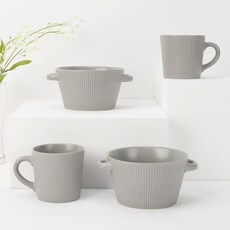 Bloom at home 素色線條紋路餐碗+馬克杯, 淺灰, 2套