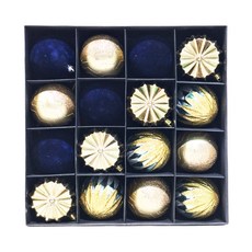 植絨古典聖誕球，16個，金/深藍, 8cm, 金色深藍, 1組