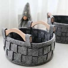 北歐木柄收納籃 21.5x12cm, 小號(直徑21.5 x 8.5cm), 1個, 毛氈