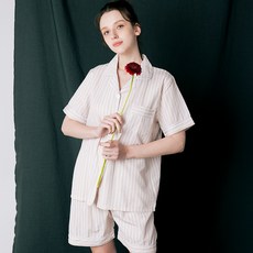 TERAWOOD 女款泡泡紗條紋短袖襯衫+短褲睡衣套裝