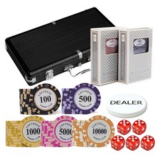 Funicamble Las Vegas Clay Chip 300p + 鋁殼 + Club Special Hold'em Card 2p + Dealer Chip + Key 2p + Dice 16mm 5p Set, 黑色（外殼）、透明（骰子）