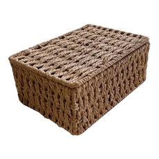 紙編麻繩翻蓋收納籃, 22 x 16 x 10.5cm, 藤編風 棕色, 1個