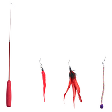 EETOYS 宜特 伸縮桿釣竿逗貓棒 彩色羽毛 清脆鈴聲 附三款配件, 紅色, 1支