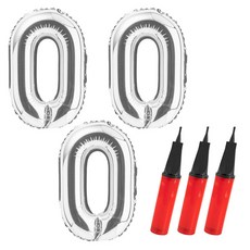 PartyPang 數字鋁箔氣球 大 0 + 手動打氣筒, 氣球(銀色), 打氣筒(隨機出貨), 3套