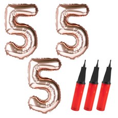PartyPang 數字鋁箔氣球 大 5 + 手動打氣筒, 氣球(玫瑰金), 打氣筒(隨機出貨), 3套