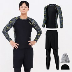 AQUATICA 男款防曬插肩長袖泳衣+假兩件式短褲內搭長褲 AQAMAV-PL+彈性泳帽+收納袋組