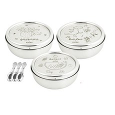 KOM 316不鏽鋼童書聯名兒童隔熱碗三件組, 款式隨機(青菜鱷魚/水果牛/GujiGuji), 餐碗*3 + 平底匙*3 + 便當袋, 1組