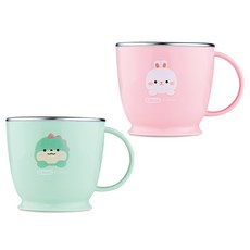 Edison 兒童好朋友防滑不鏽鋼湯杯 2種圖案組, 薄荷綠(恐龍)+粉紅色(小白兔), 1組