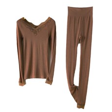 日本超薄發熱衣/保暖衣內搭衣套組 帶絲襪+褲-咖啡色 柔軟衣料 長袖, 均碼