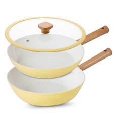 Sisem IH電磁爐適用陶瓷塗層鍋具3件組, 奶油黃, 1組, 平底鍋 28cm+炒鍋 28cm+玻璃鍋蓋