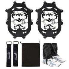 Elmountain 登山用鏈條冰爪 2入 + 收納袋 + 綁帶 2入 + 雪套 2入 組合, 黑色(冰爪)