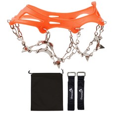 Elmountain 15爪鏈條登山冰爪 2入 + 收納袋 + 綁帶 2入 套組, 橘色(冰爪)