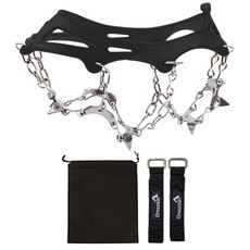 Elmountain 15爪鏈條登山冰爪 2入 + 收納袋 + 綁帶 2入 套組, 黑色(冰爪)