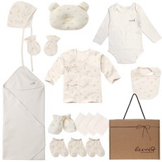 withorganic 嬰兒印花枕頭+包衣+手套 2入+腳套 3入+圍兜 2入+肚衣+毛巾 3入+帽子+包屁衣