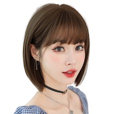 HiYuni 直髮鮑伯頭短髮全頂假髮 32cm + 髮網 + 支架組, 冷棕色