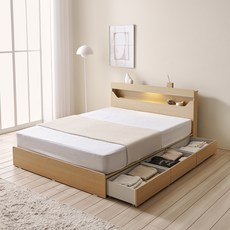 문스테이 LED 조명 수납 침대 프레임 + 스위브 독립스프링 7존 고밀도폼 롤팩 매트리스 세트 방문설치, 네추럴