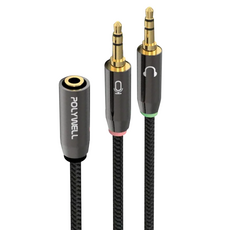 POLYWELL 寶利威爾 3.5mm 1母 四極 轉2公 三極 音源轉接線 PW15-W52-A005, 1條, 25cm