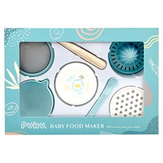 PUKU 藍色企鵝 幼兒離乳研磨器套裝, 耐高溫材質, 安全無毒, 精美禮盒包裝, 蓋子 + 圓孔研磨板 + 榨汁器 + 湯匙 + 鹽魔搗碗 + 過濾篩網 + 研磨木棒, 1組, 藍色