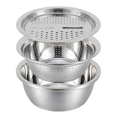 新錸家居 304不鏽鋼多功能瀝水籃料理盆3件組, 洗切一體設計, 適用於洗菜/盛湯/瀝水/洗米, 帶4種刨絲方式, 1個, 28cm, 4000ML