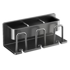 太空鋁牙刷置物架組, 黑色/灰色, 附釘膠+輔助貼, 多位掛架, 1組