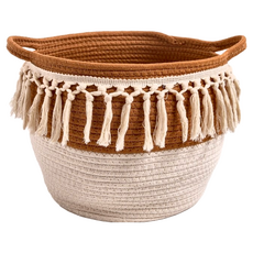 HOLA 和樂家居 棉繩提把流蘇收納籃 740g, 咖啡色, 1個