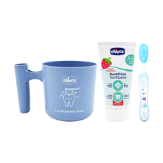 chicco 兒童快樂刷牙組 牙膏 + 牙刷 + 漱口杯 顏色隨機, 1組