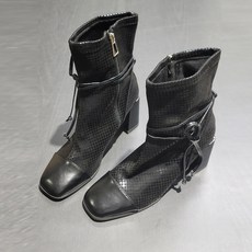 페이퍼먼츠 체크 패턴 리본 스트랩 지퍼 통굽 미들 부츠 02027