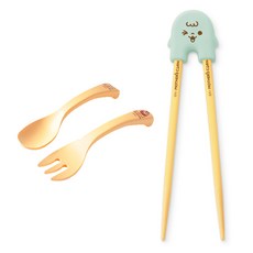 MOTHER'S CORN 孩童湯匙+叉子+學習筷, 黃色(湯匙+叉子)+薄荷色(筷子), 1組