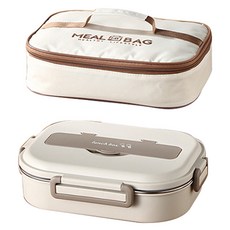 Mega 日式簡約304不鏽鋼四格便當盒 附便當袋, 米白色, 1組
