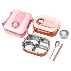 Mega 太空艙可愛熊兔304不鏽鋼四格保溫便當盒,附餐具+湯碗+餐袋, 粉兔, 1組