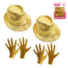 PARTYSHOW 派對亮片手套 金色 雙手用 2入 + 閃亮紳士帽 金色 2入, 1套, 單一顏色