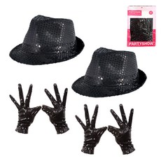 PARTYSHOW 派對亮片手套 黑色 雙手穿戴 2入 + 亮粉紳士帽 黑色 2入, 單一顏色, 1套