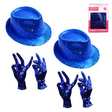 PARTYSHOW 派對亮片手套 藍色 雙手穿戴 2入 + 亮粉紳士帽 藍色 2入, 1套, 單一顏色