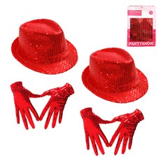 PARTYSHOW 派對亮片手套 紅色 雙手佩戴 2入+亮片紳士帽 紅色 2入, 1套, 單一顏色
