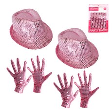 PARTYSHOW 派對亮片手套 粉色雙手佩戴 2入+閃亮紳士帽 粉色 2入, 單一顏色, 1套