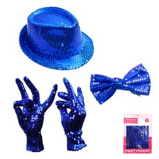 PARTYSHOW 派對亮片手套 雙手+閃亮紳士帽+豪華蝴蝶結 中, 1套, 藍色 + 藍色 + 雙面藍色