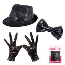 PARTYSHOW 派對亮片手套黑色雙手佩戴+閃亮紳士帽黑色+豪華雙面蝴蝶結中, 單一顏色, 1套